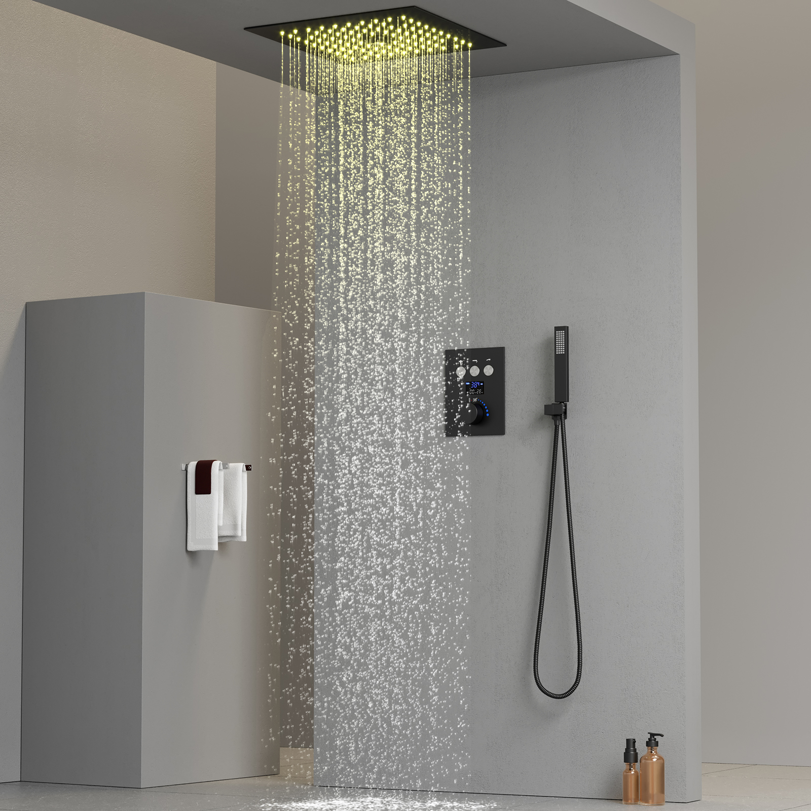 Conjunto de cabeça de chuveiro de chuva LED quadrado preto fosco Sistema de chuveiro termostático para banheiro