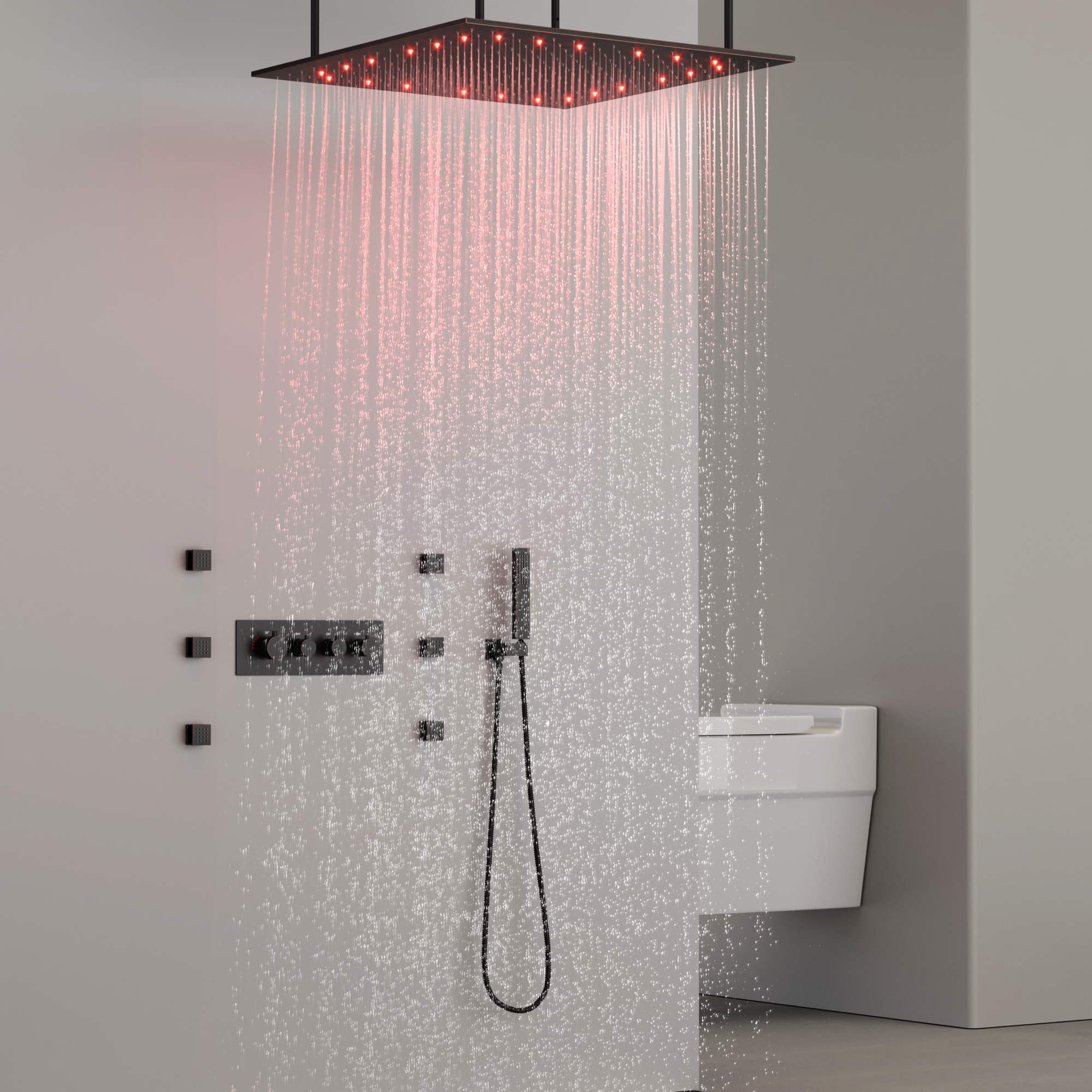 Conjunto de chuveiro de chuva para banheiro, cabeça de chuveiro LED, sistema de chuveiro quadrado de teto, temperatura constante inteligente