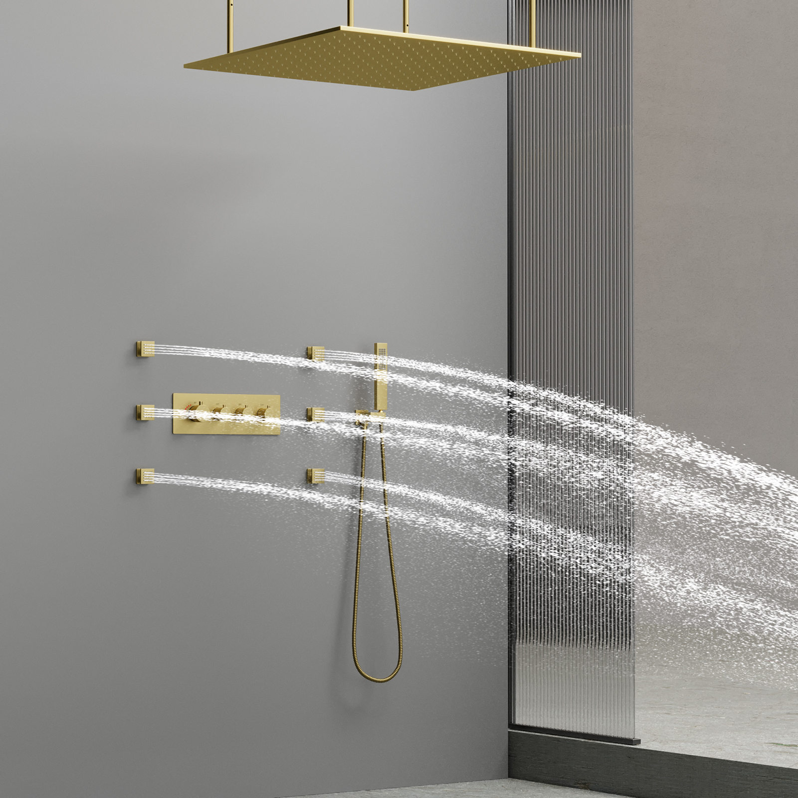 Ouro escovado sistema de chuveiro luxo chuva led cabeça chuveiro teto chuva termostática válvula mistura pulverizador portátil
