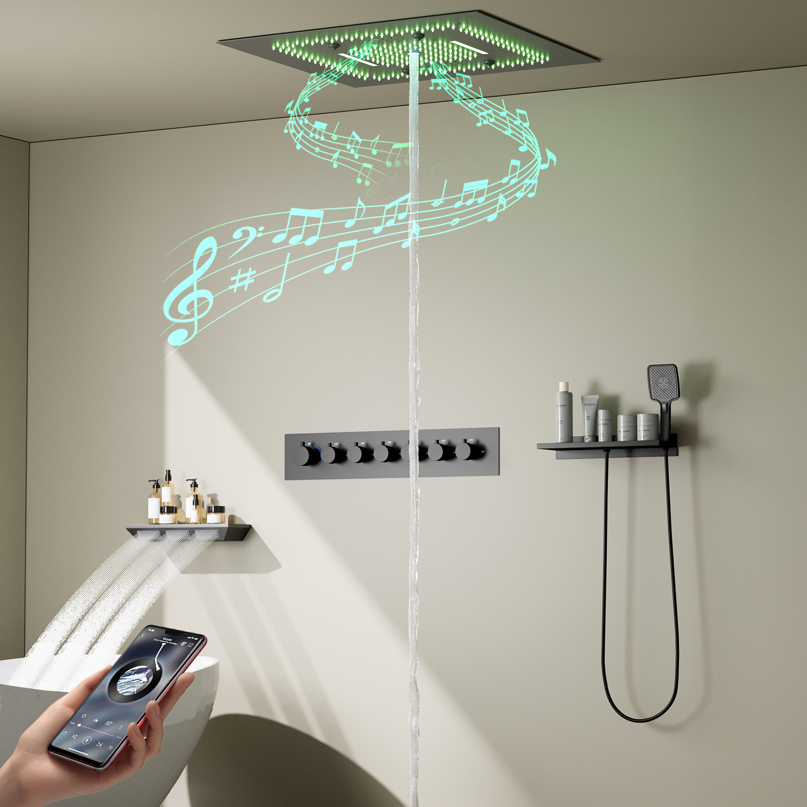 Banheira spa arma cinza led cabeça de chuveiro chuva cachoeira multifuncional recesso teto música chuveiro conjunto