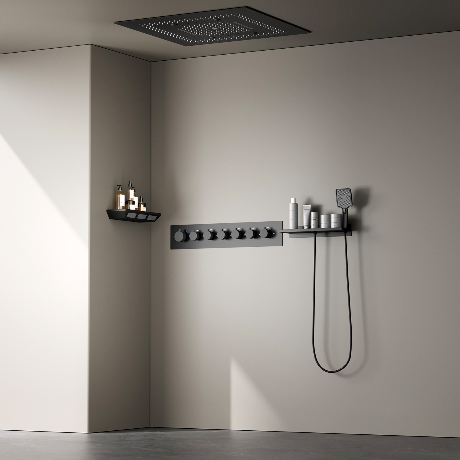 600*600mm Teto do banheiro LED Conjunto de cabeça de chuveiro de temperatura constante com cascata de chuva Kit multifuncional de torneira de chuveiro