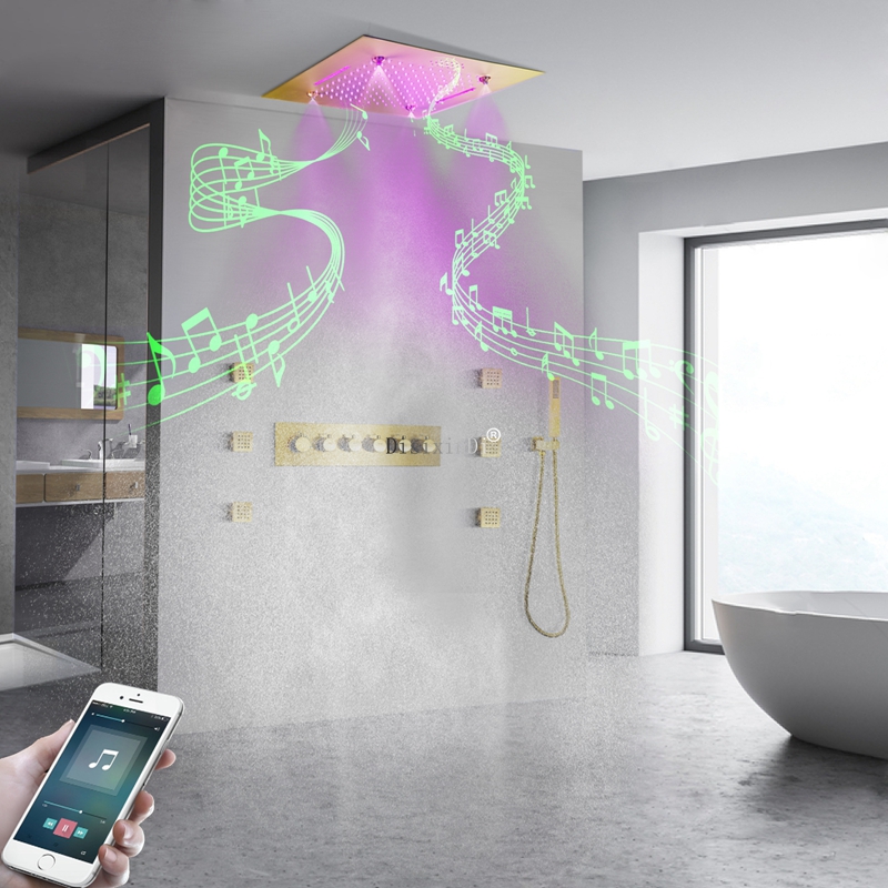 Montado no teto sus304 500*500 led música cabeça de chuveiro chuvas cachoeira névoa termostática corpo bronze banheiro torneira do chuveiro conjunto