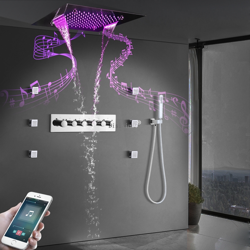 Conjunto de chuveiro led montado na parede termostática corpo bronze multifuncional spa cachoeira névoa chuva led sistema chuveiro música