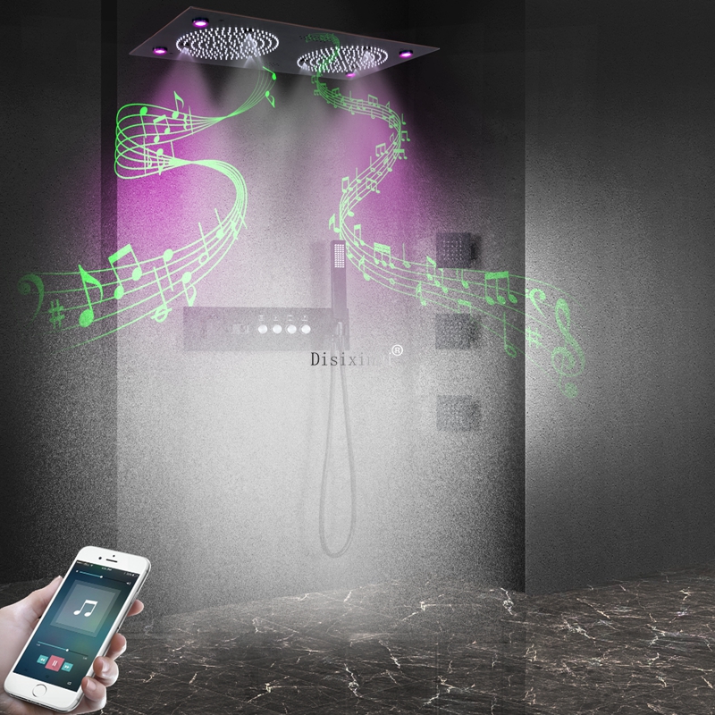Cabeça de chuveiro led com som musical, 4 funções, display digital, válvula termostática, misturador de chuveiro, conjunto de chuveiro duplo