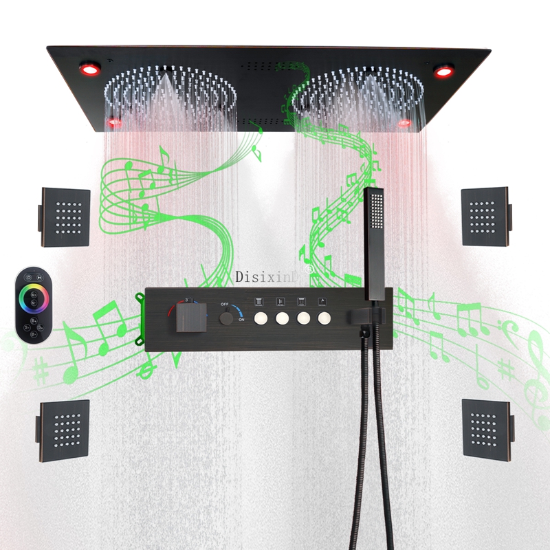 Teto música led sistema de chuveiro 25*13 Polegada chuva e névoa cabeça chuveiro termostática banheiro torneira do chuveiro conjunto