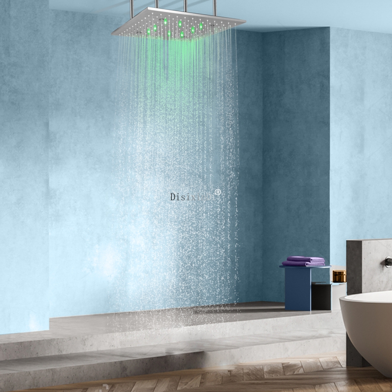 Sistema de cabeça de chuveiro escovado de 16 polegadas, aço inoxidável 304, banheiro, instalação de teto LED, misturador de chuveiro com névoa de chuva