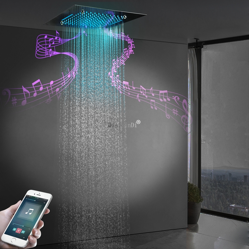 Cabeça de chuveiro LED cromada polida com alto-falante musical Chuva enevoada e chuveiro tipo cascata com teto de 20 polegadas embutido