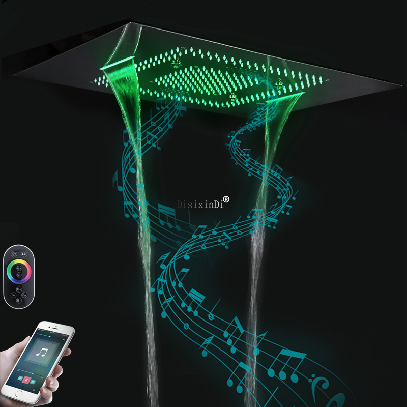 Cabeça de chuveiro musical para banheiro, luzes LED 304 SUS, sistema de chuveiro embutido no teto