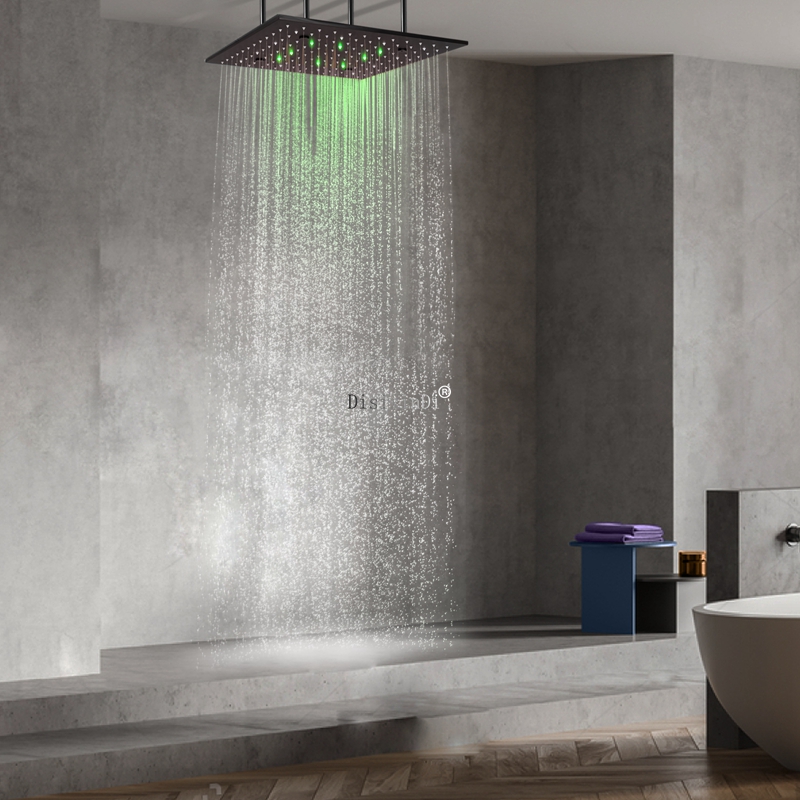 Preto fosco 16 polegadas 304 aço inoxidável LED cabeça de chuveiro banheiro chuva névoa LED mudança de cor cabeça de chuveiro