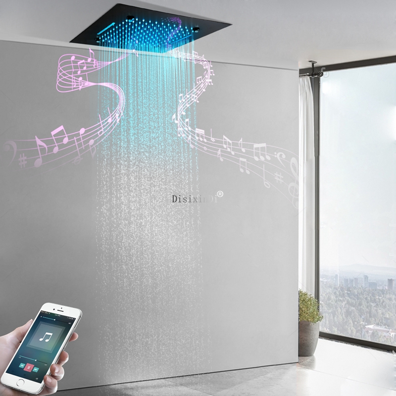 Preto fosco 3 funções 500 * 500mm LED Cabeça de chuveiro para banheiro com alto falante musical Sistema de chuveiro em cascata