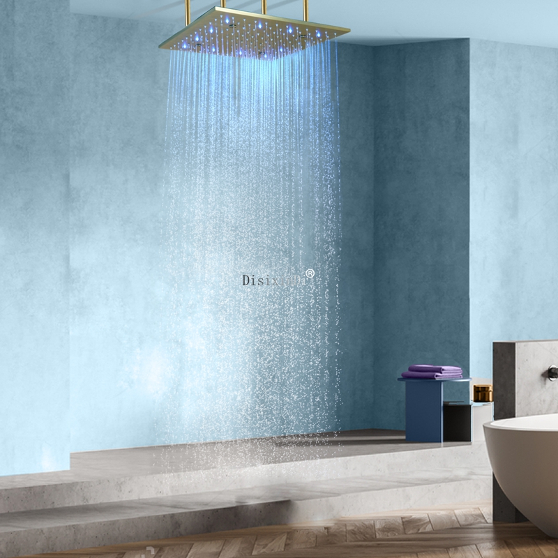 Ouro escovado 400x400mm teto névoa chuva LED cabeça de chuveiro 304 SUS duas funções banheiro torneira de chuveiro embutida