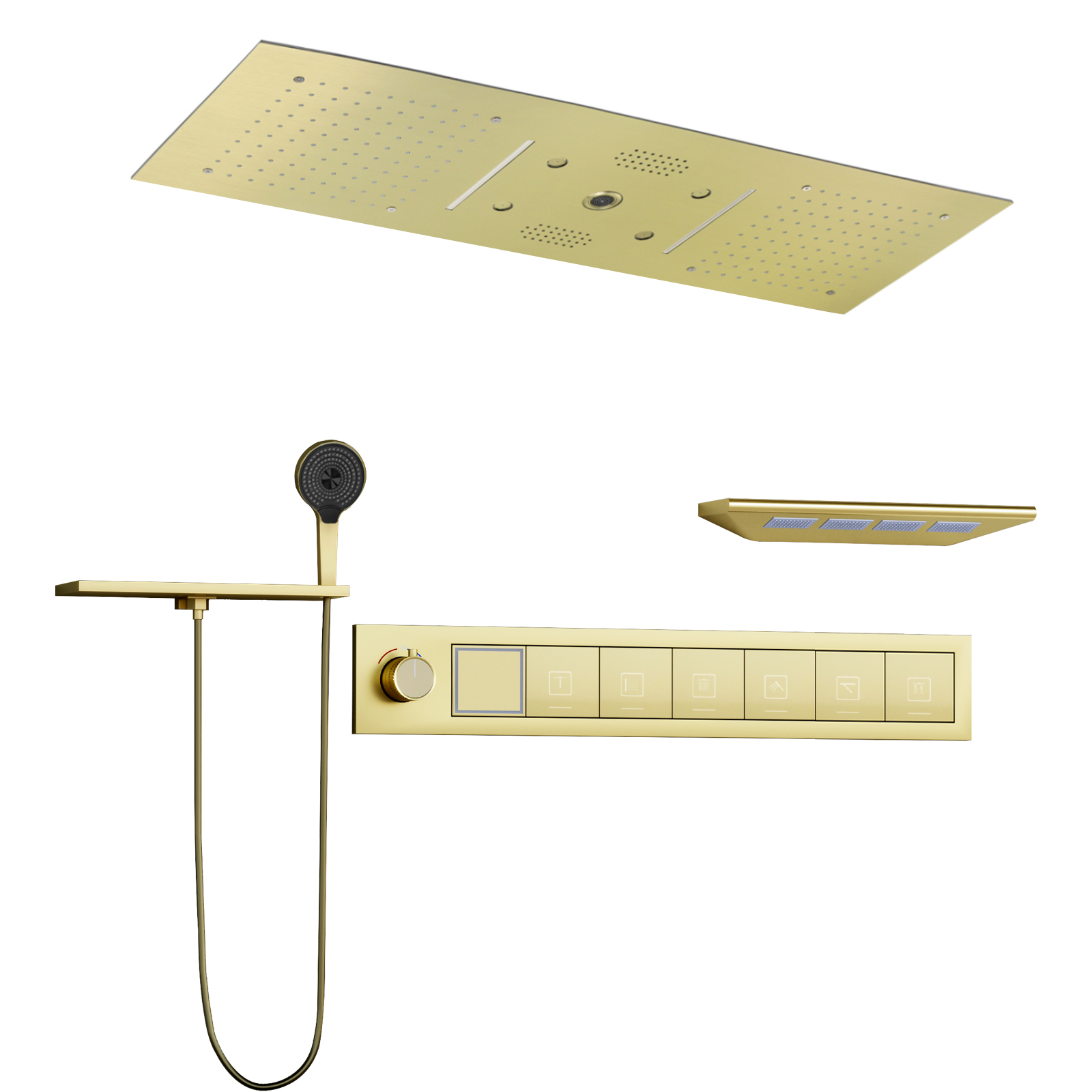Chuveiro de ouro escovado, chuveiro de alto fluxo, temperatura constante, luz led, com alto-falante, sistema de floresta tropical