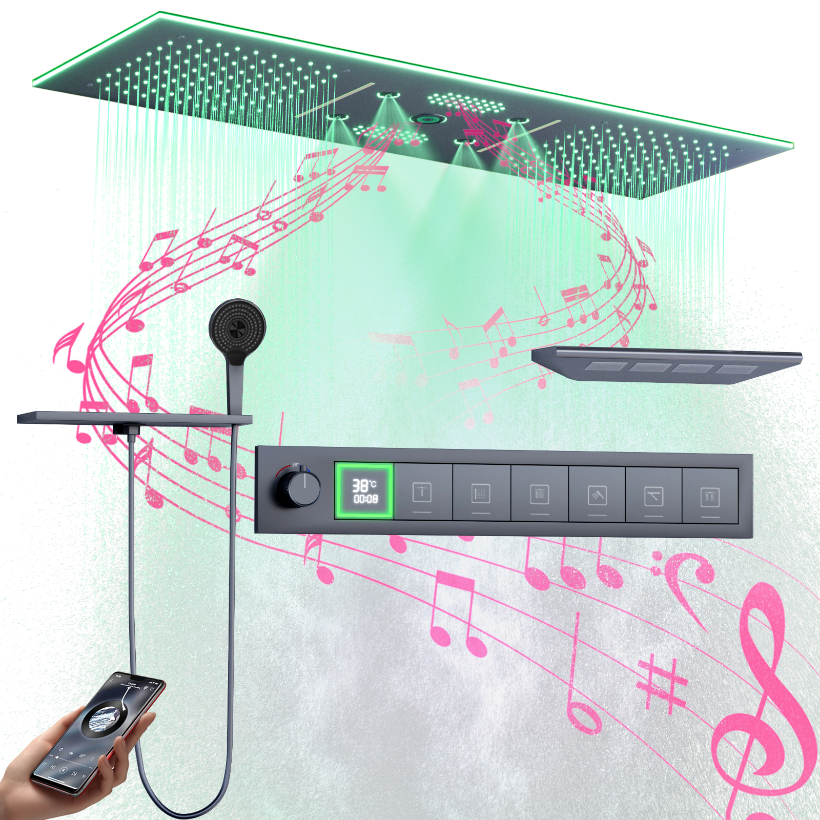 900x300mm cor led cabeça de chuveiro montado no teto cachoeira chuva névoa termostato display digital sistema conjunto chuveiro