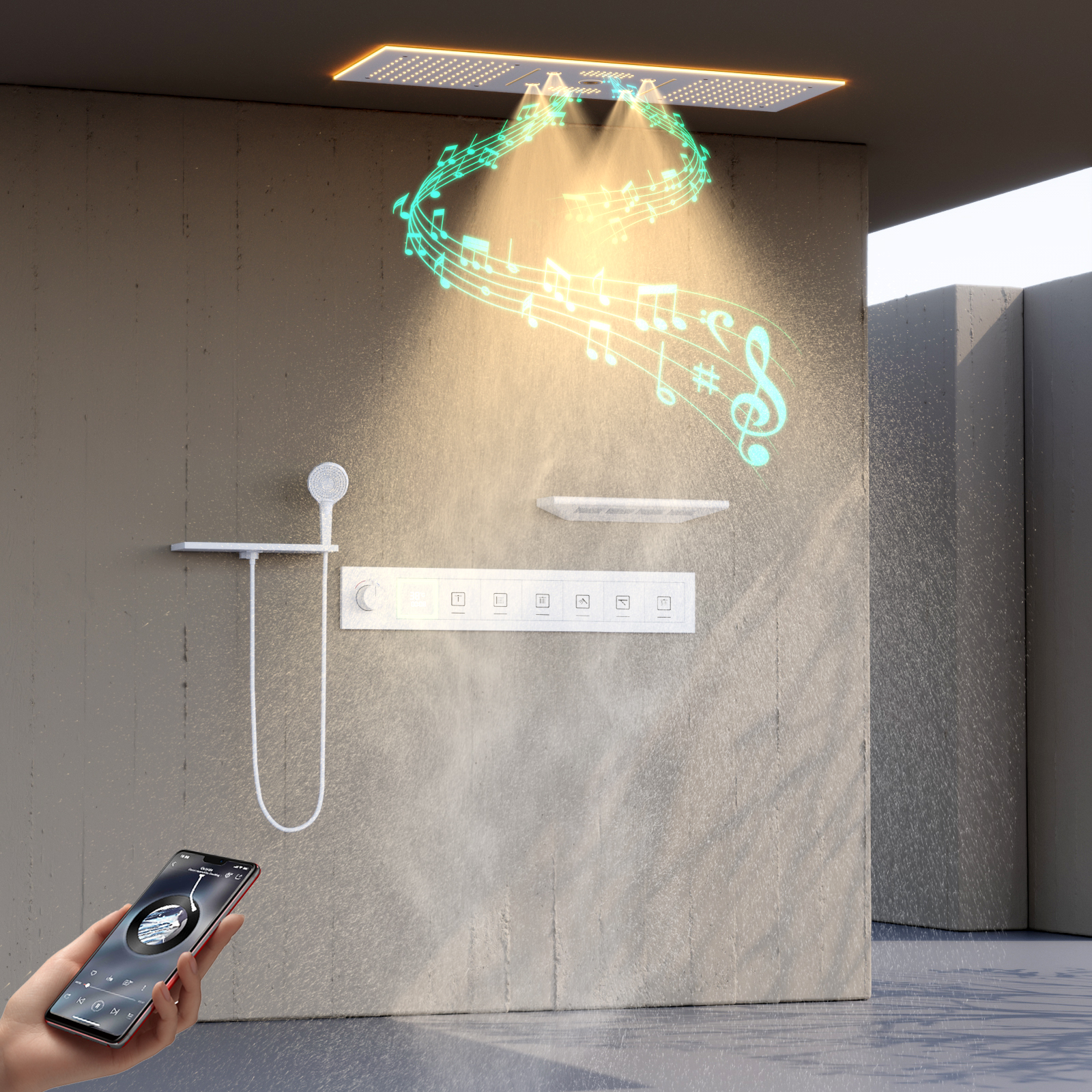 cabe&ccedil;a de chuveiro com luz led e alto-falante