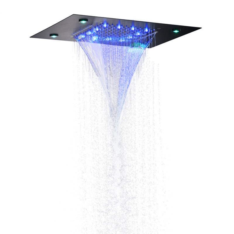 Preto fosco 50x36 cm led torneiras de chuveiro banheiro bifuncional cachoeira chuvas com mudança de temperatura de 3 cores