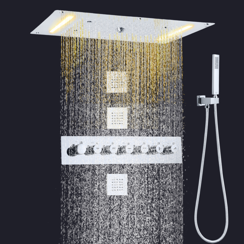 Chuveiro termostático cromado polido, led, 700x380mm, banheiro, cascata, névoa, bolha, conjunto de chuveiro de banho