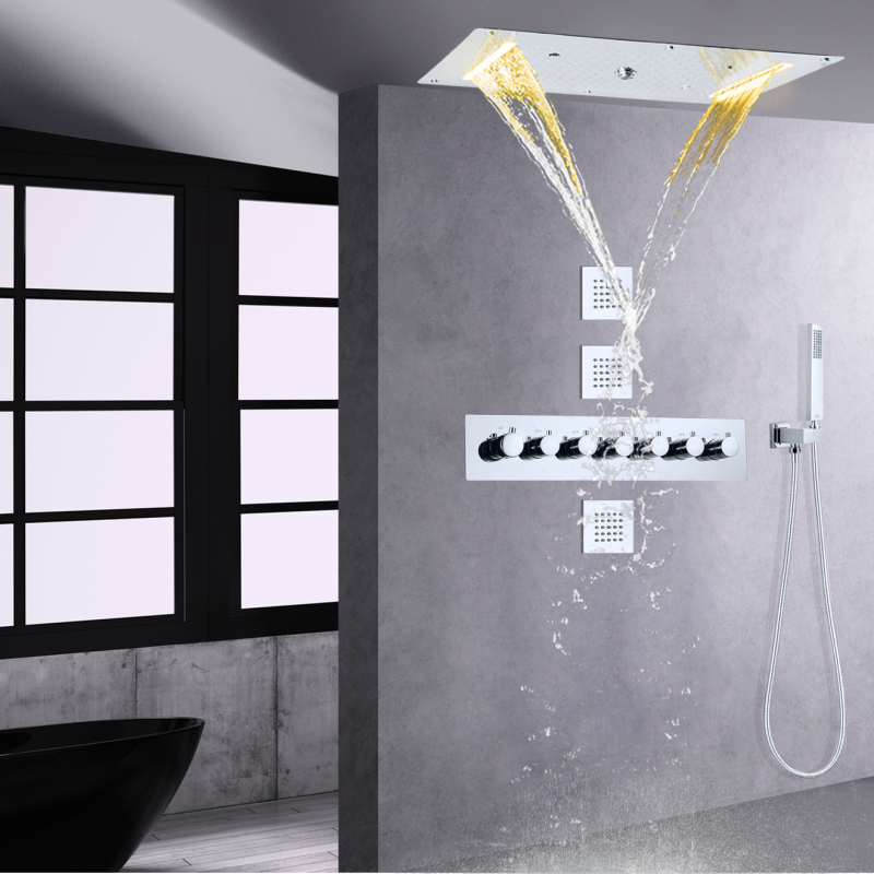 Conjunto de chuveiro termostático cromado 700X380 MM LED luxuoso sistema de chuveiro oculto para banheiro