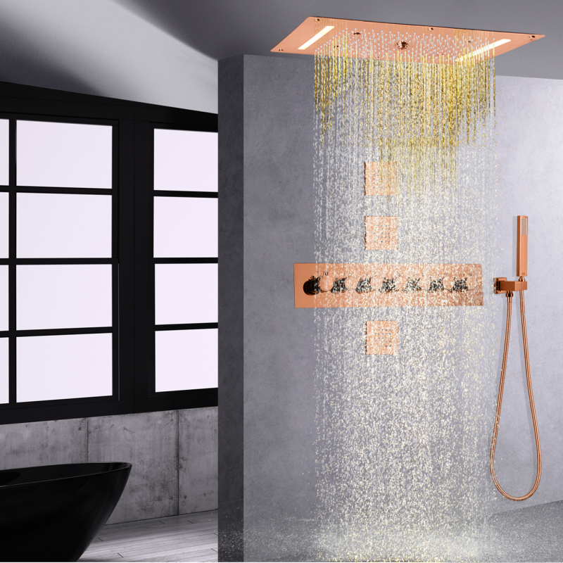 Sistema de chuveiro termostático em ouro rosa, led, montagem na parede, teto, névoa, chuva, cascata, chuveiro, conjunto combinado