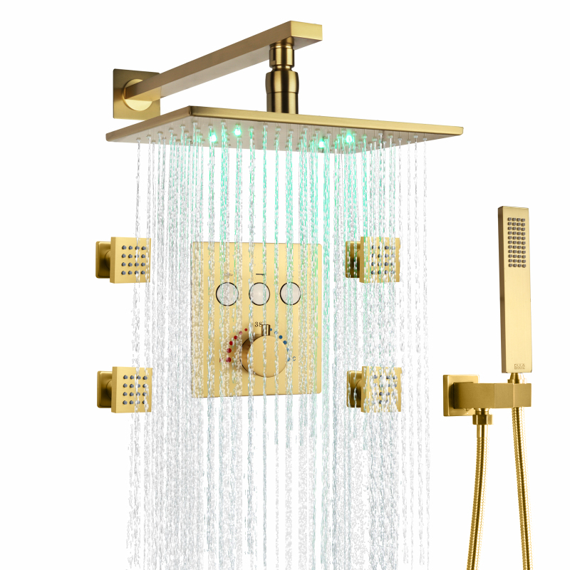 Torneira de chuveiro de banheiro de ouro escovado LED Conjunto de chuveiro termostático de 3 cores com jatos corporais chuveiro de massagem