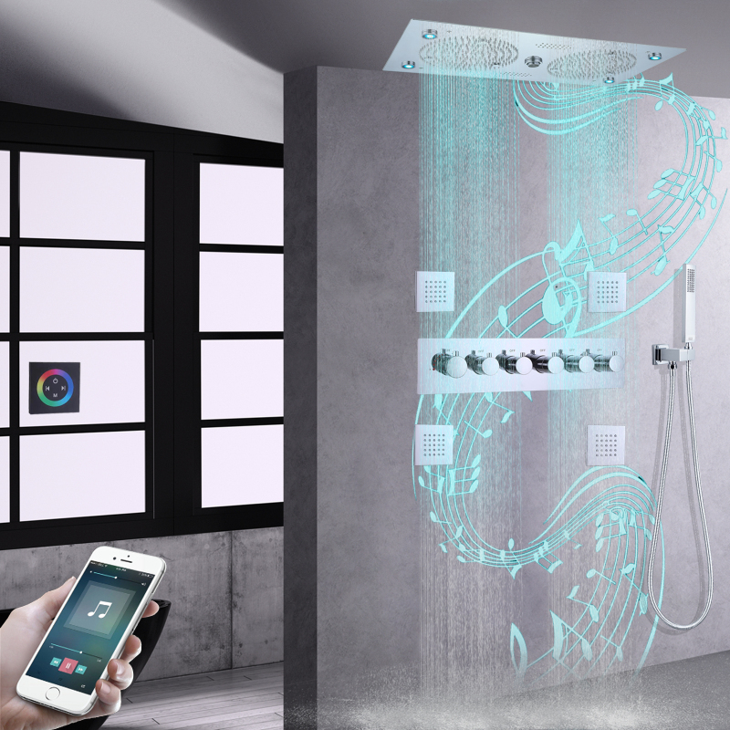 Conjunto de torneira de chuveiro 620*320mm LED termostática banheiro com música apresenta sistema de chuveiro polido cromado com portátil