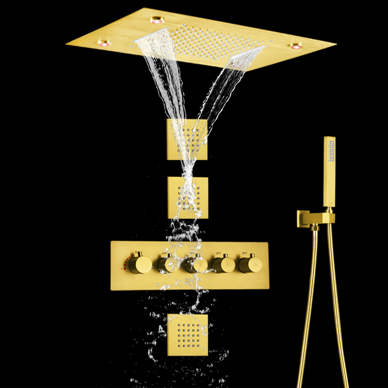 Conjunto de chuveiro termostático de ouro escovado 14 x 20 polegadas LED moderno banheiro chuveiro em cascata