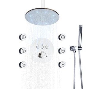 Sistema de chuveiro termostático de chuva polido cromado 10 polegadas LED conjunto de torneira de chuveiro de banho de jato de massagem corporal para banheiro