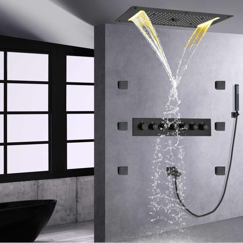 Sistema de chuveiro preto fosco 70X38 CM LED Conjunto de chuveiro multifuncional termostático para banheiro com portátil