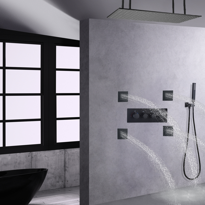 Conjunto de torneiras termostáticas pretas foscas, 100x50 cm, com 3 cores, mudança de temperatura, banheiro, suporte de cabeça de chuveiro ajustável