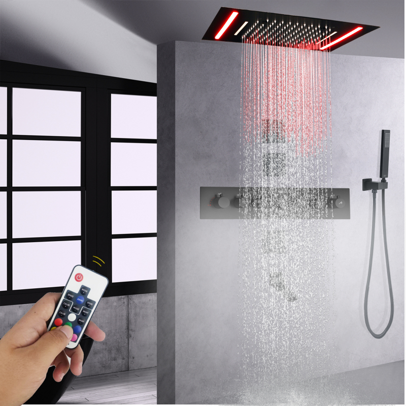 Cabeça de chuveiro termostática preto fosco 50x36 cm com painel de controle led banheiro multifuncional cachoeira chuvas atomização