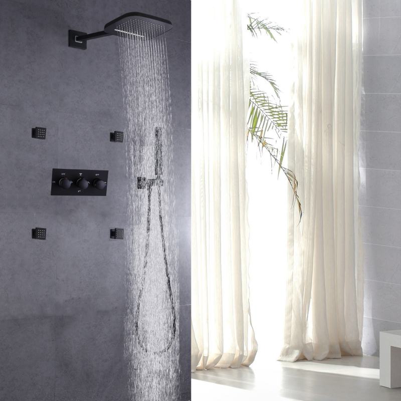 Preto fosco banheiro cachoeira fria e quente chuveiro misturador conjunto hidro jet cabeça de chuveiro portátil