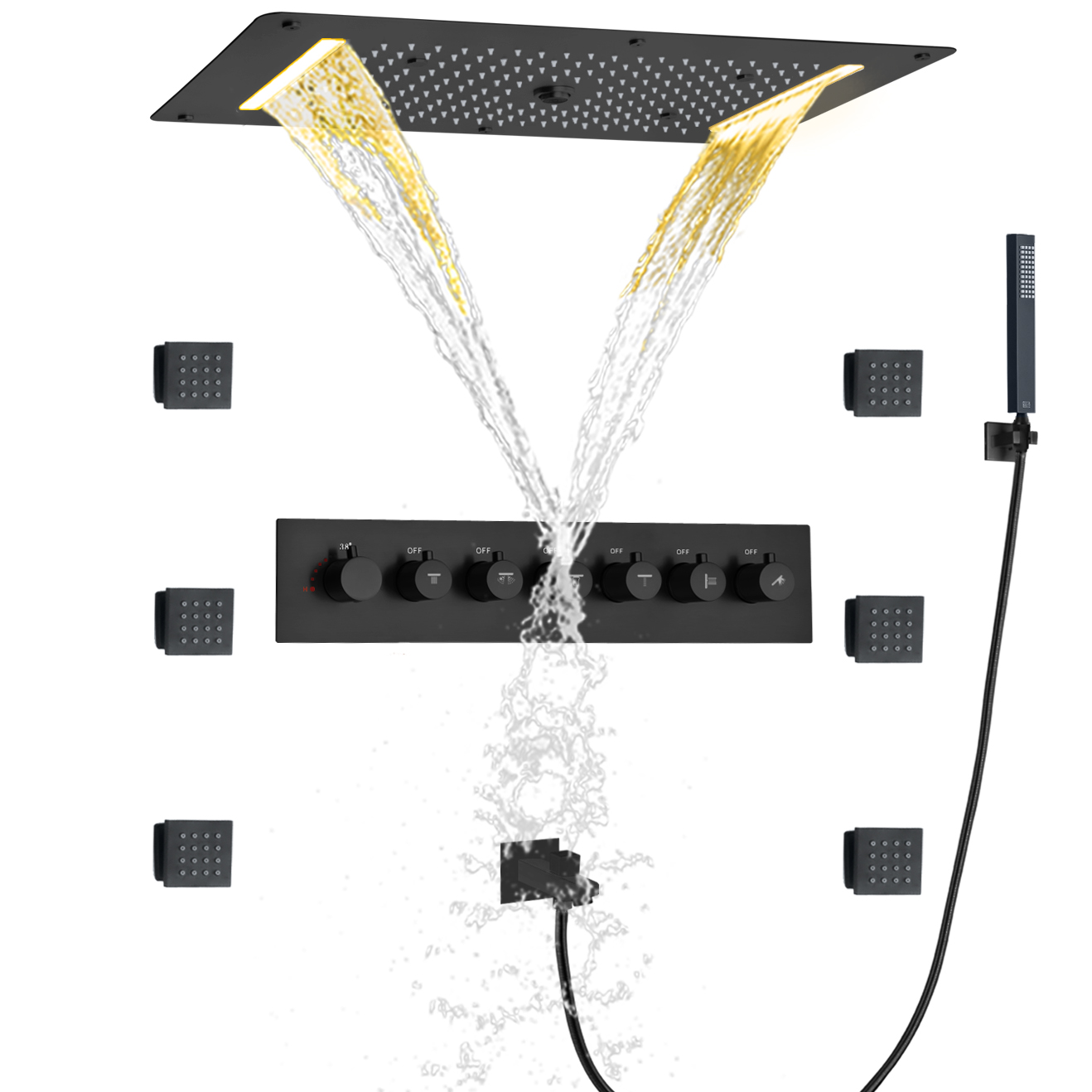Preto fosco LED Conjunto misturador de chuveiro termostático de alto fluxo Banheiro Cachoeira Névoa Chuva portátil
