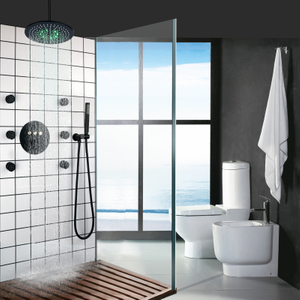 Moderno preto fosco termostática torneira do chuveiro conjunto de chuveiro chuva 25x25 cm led banheiro com cabeça chuveiro hidro jato