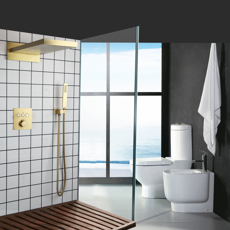 Conjunto de misturador de chuveiro de chuva de ouro escovado termostático banheiro cachoeira chuveiro de topo com portátil