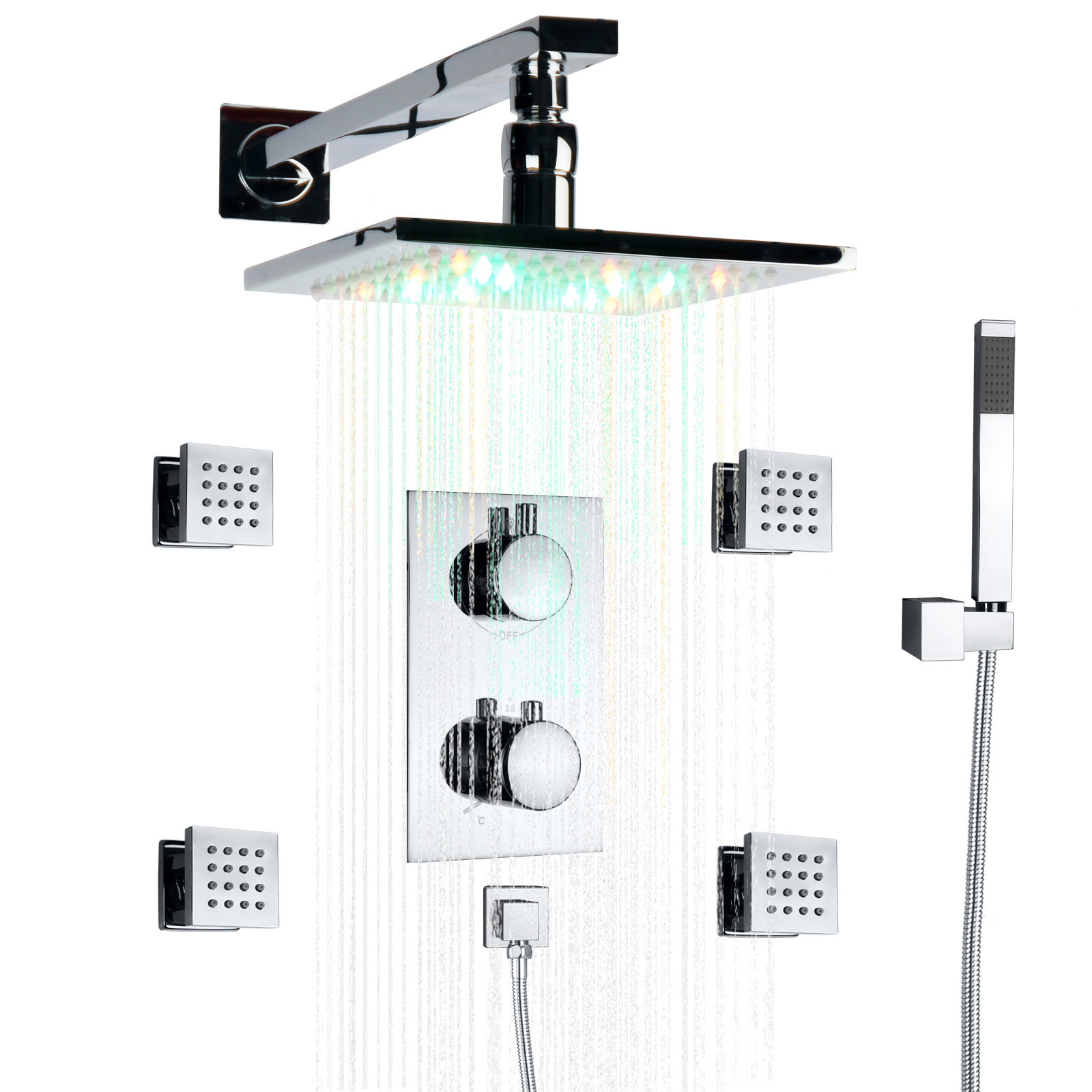 Painel contemporâneo de sistema de chuveiro termostático de parede cromado com LED cromado para banho de teto e spa portátil