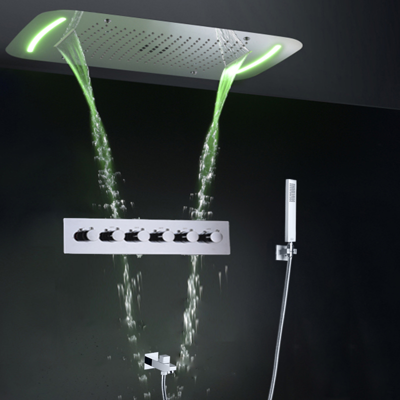Chuveiro retangular termostático multifuncional, cascata, chuveiro, teto embutido, luz led, torneira de chuveiro de banheiro