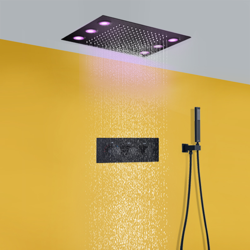 Preto mate 360x500 MM LED Teto Chuveiro Chuveiro Recesso Teto Termostático Duas Funções Conjunto Misturador de Chuveiro
