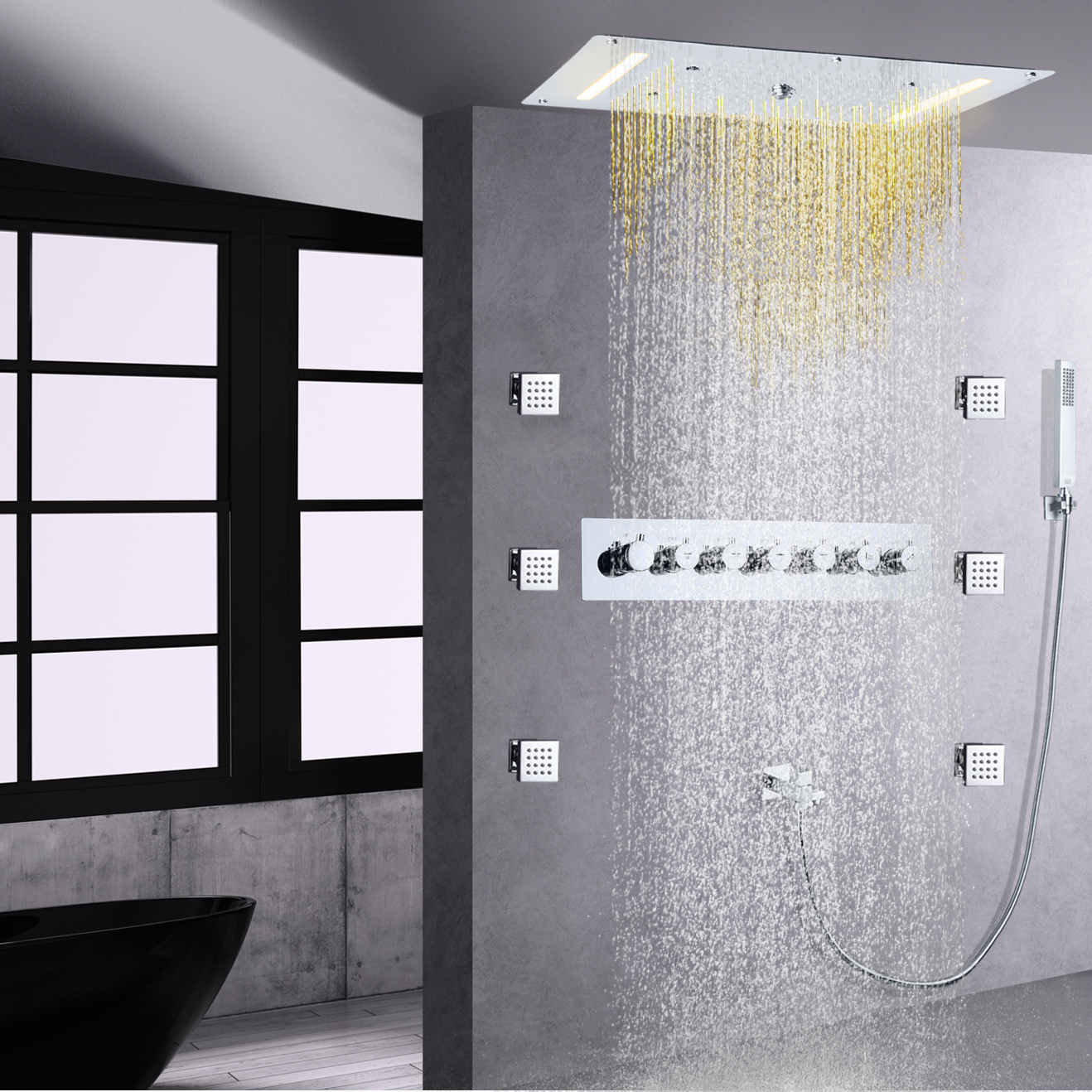 Conjunto de torneira de chuveiro de temperatura polida cromada LED Banheiro Hydro Jet Névoa Chuva Latão portátil