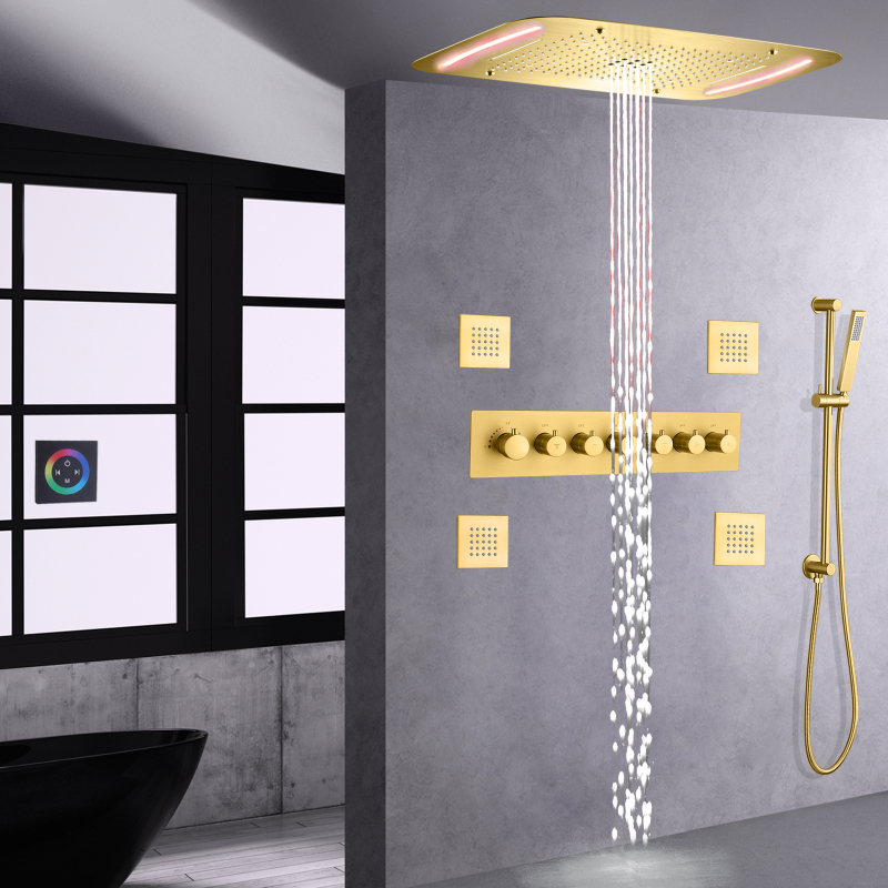 Luxo escovado ouro termostática cabeça de chuveiro 710x430 mm led banheiro multifuncional cachoeira chuvas conjunto