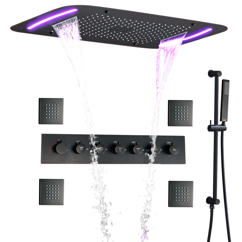 Torneira termostática de bronze friccionado a óleo, 71x43 cm, luxo, banheiro, led, massagem, chuva, spray, conjunto de chuveiro