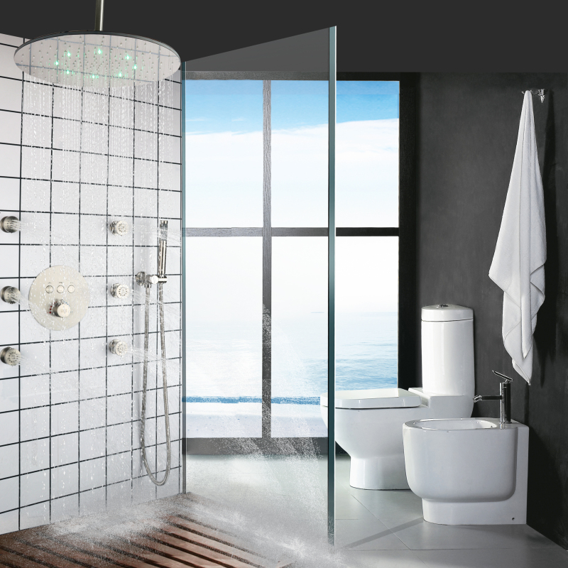 Torneiras de chuveiro termostáticas de níquel escovado, 20 polegadas, LED, 3 cores, mudança de temperatura, banheiro, massagem, conjunto de chuveiro