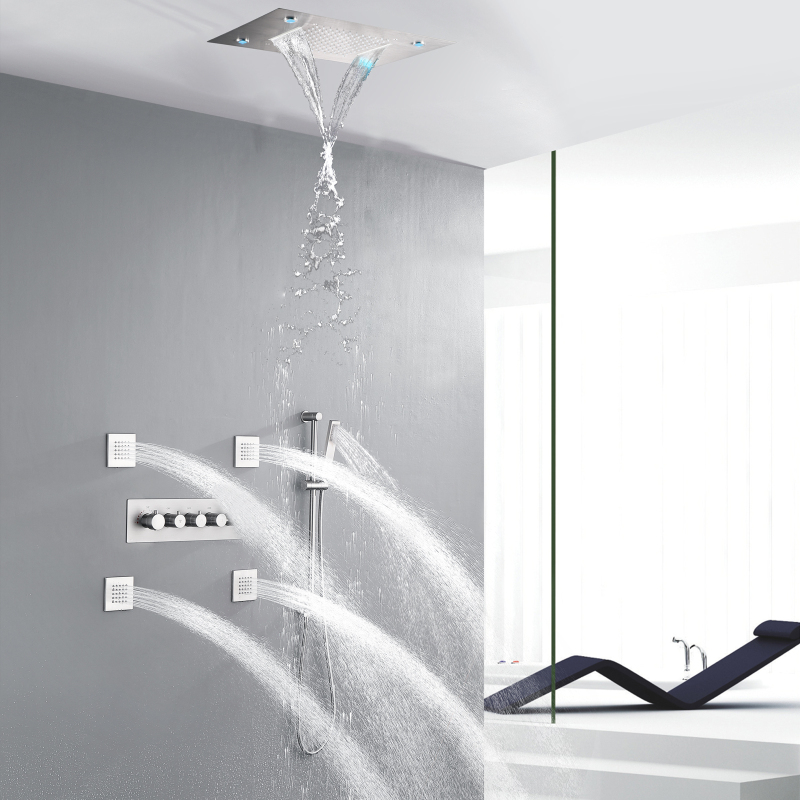 Jatos de massagem corporal de níquel escovado, conjunto de chuveiro termostático de LED, sistema de cascata e chuveiro de chuva de 14 x 20 polegadas