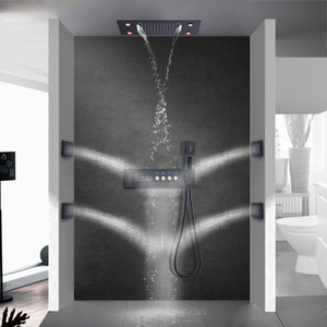 14*20 Polegada preto fosco led torneira do chuveiro de aço inoxidável termostática display digital sistema conjunto chuveiro do banheiro