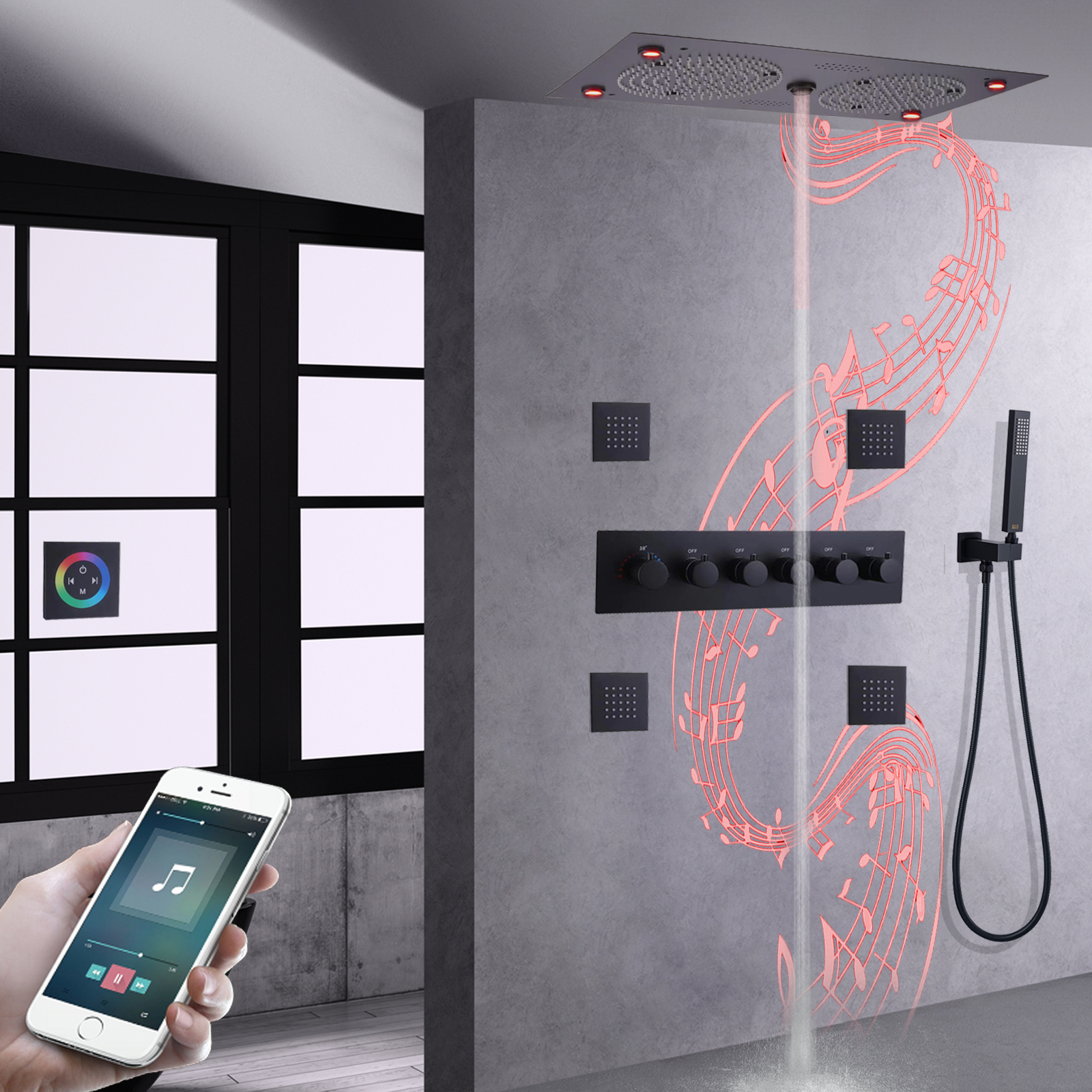 Preto fosco misturador de chuveiro led banheiro termostática montagem na parede características música sistema chuveiro conjunto latão portátil