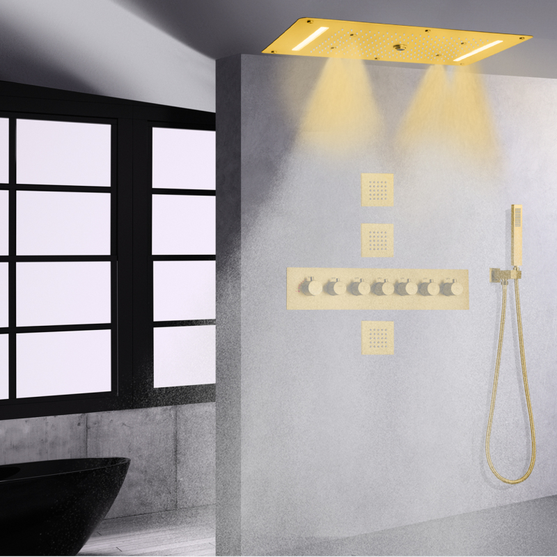 Sistema de chuveiro de chuva de ouro escovado termostático 700X380 MM LED Cabeça de chuveiro de banheiro com chuveiro de mão