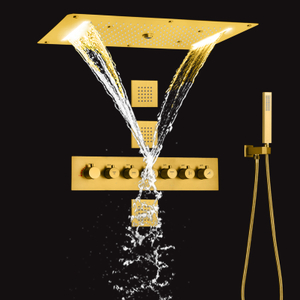 Ouro escovado termostático led 700x380mm sistema de chuveiro escondido misturador chuva cachoeira massagem