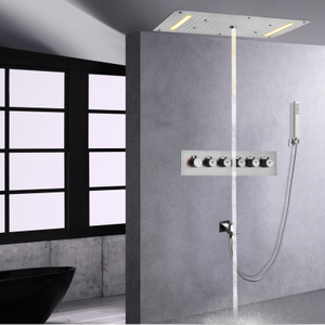 Conjunto de chuveiro 700 X 380 MM Cachoeira de teto LED Níquel escovado para segurar chuva termostática