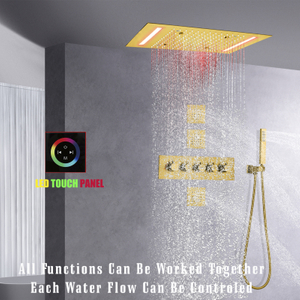 Cabeça de chuveiro de chuva de ouro escovado com sprays manuais termostática 14 x 20 polegadas conjunto de torneira de chuveiro LED montado no teto