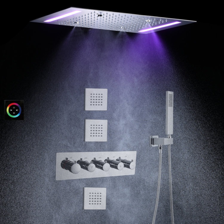 Conjunto de cabeça de chuveiro de chuva termostática cromada 14 x 20 polegadas LED moderno sistema de chuveiro de chuva para banheiro
