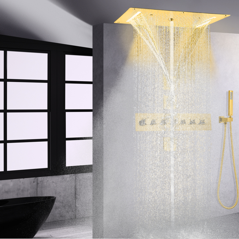 Ouro polido termostática torneira do chuveiro 700x380mm led luxuoso banheiro escondido chuvas cachoeira chuveiro jet spa