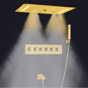 700X380 MM Sistema de chuveiro de ouro escovado termostático de alto fluxo LED Painel cascata de chuva com hidromassagem